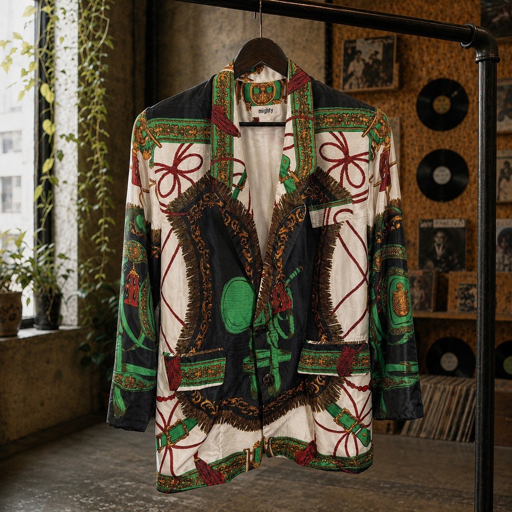 XL Mighty Baroque Print Cropped Jacket Black Green Gold Bold Satin Style